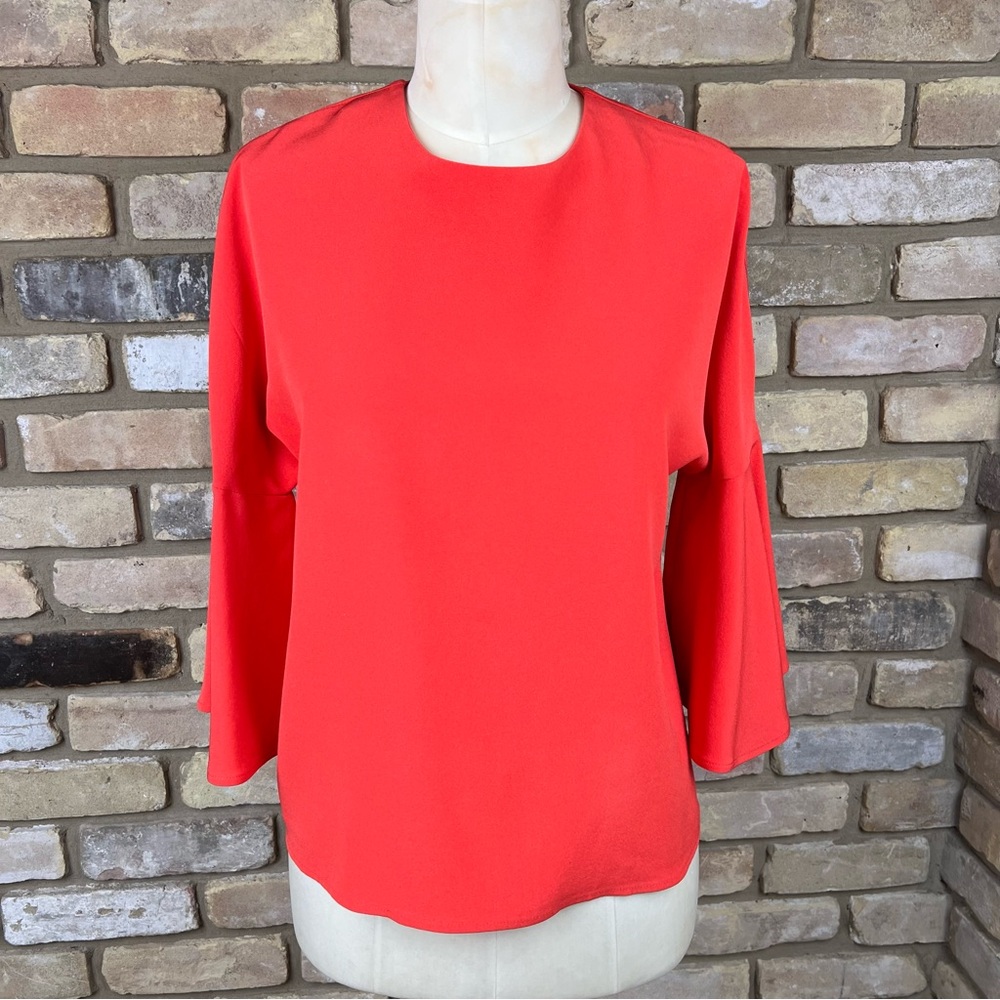 ANN MASHBURN dark orange satin back silk crepe bell sleeve top